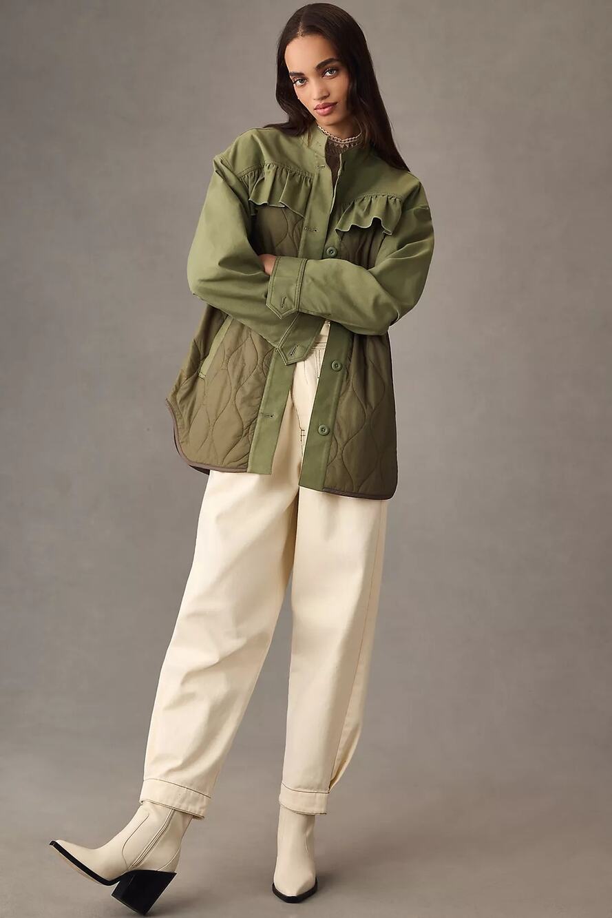 NWT By Anthropologie Quilted Ruffled Shacket $178 X-SMALL Moss MILITARY INSPIRED